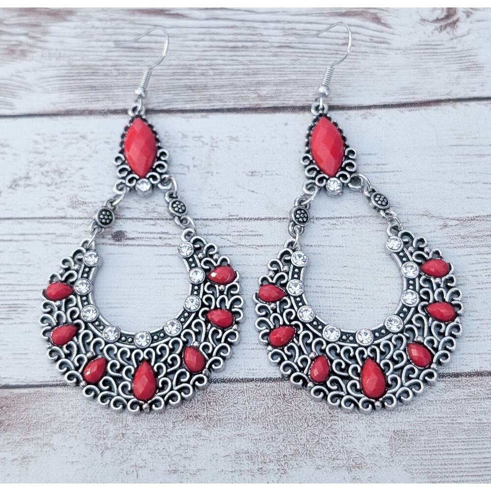 Vintage Earrings Extra Large Red & Silver Tone Dangle - Pierced Ears